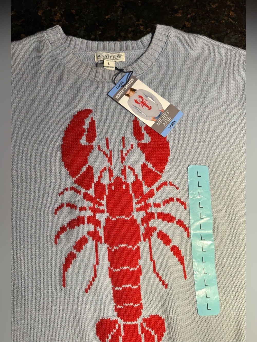 Mighty Fine Light Blue Crewneck Sweater with Red Lobster Graphic; NWT, Sz. L - Picture 5 of 9